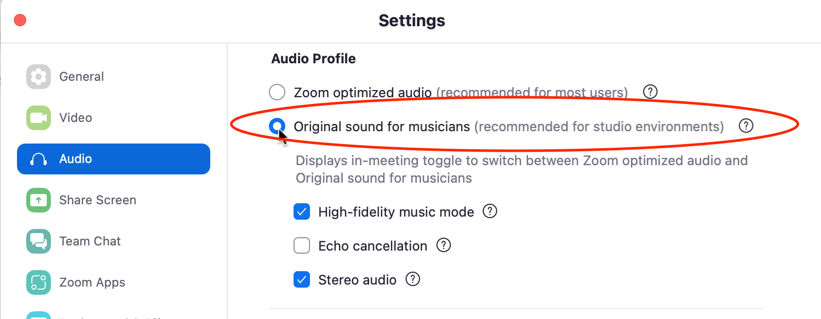 Choosing Original Sound for Musicians in Zoom in Zoom Settings